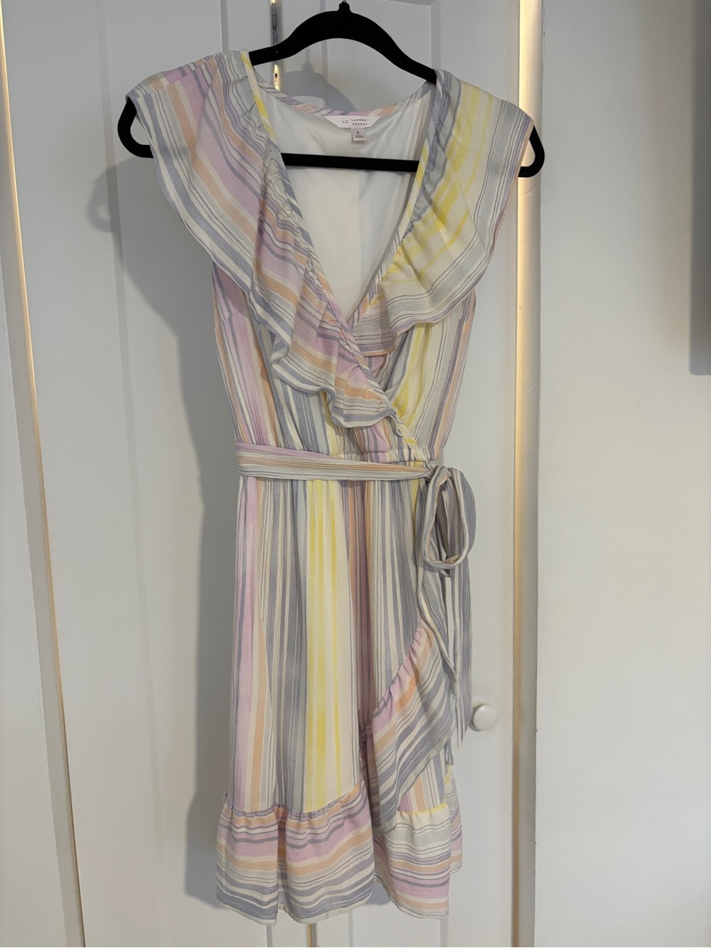 LC Lauren Conrad Pastel Multi-Stripe Ruffle Wrap Midi Dress